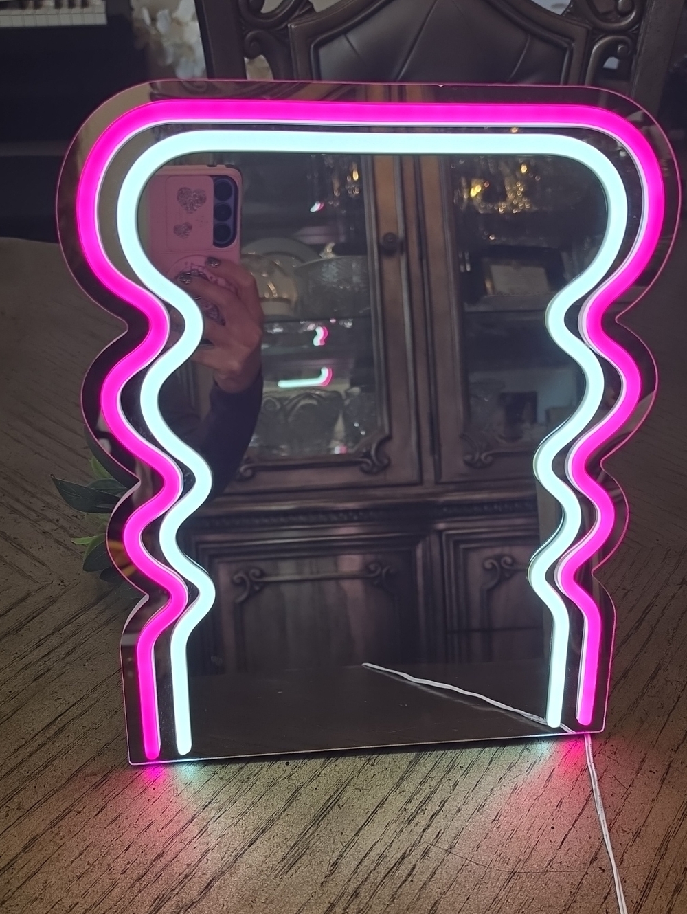 Pink & White LED Vanity Mirror with Wavy Neon Frame